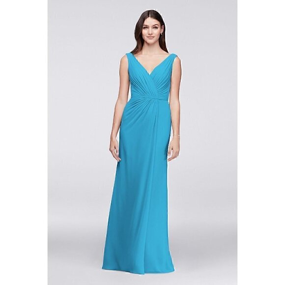 David's Bridal Faux-Wrap Pleated Chiffon Bridesmaid Dress Sz 4 Blue STYLE#F19585 - Picture 13 of 13